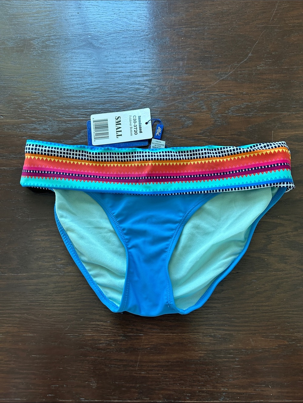 Classic Blue Bikini Bottom with Multicolor Waistband‎ Foldover